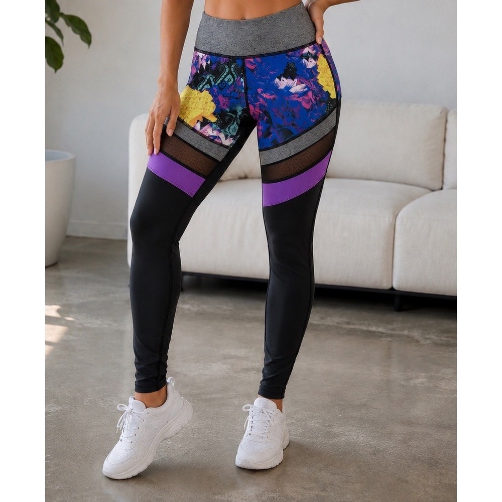 KI Pro NYC Womens Colorblock Sheer Mesh Athletic Leggings Sz M Black Purple Y2K